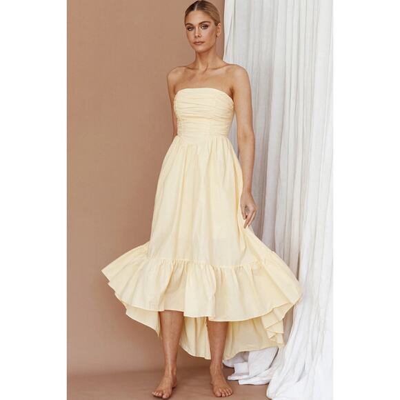 MIKA & GALA Sunday Mornings Ruched Bust Midi Dress Lemon Size Small - Picture 1 of 8